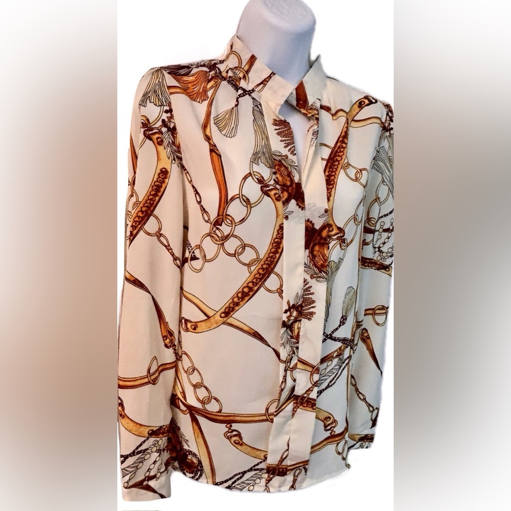 Cream Gold Chain & Tassel Print Long Sleeve Blouse